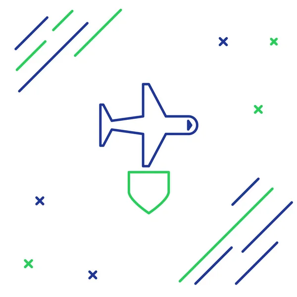 Plano Línea Con Icono Escudo Aislado Sobre Fondo Blanco Avión — Vector de stock