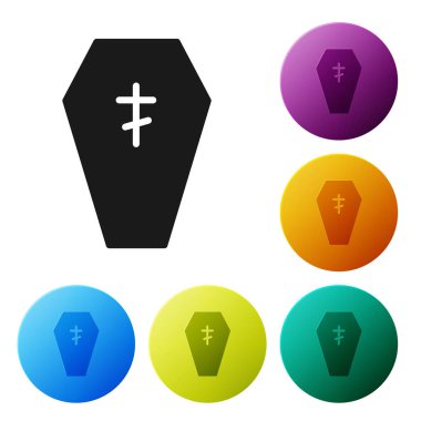 Beyaz arka planda Hristiyan haçı simgesi olan siyah tabut. Mutlu Cadılar Bayramı Partisi. Simgeleri renk daire düğmelerine ayarla. Vektör.