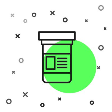 Siyah çizgi ilaç şişesi simgesi beyaz arka planda izole edilmiş. Şişe hapı işareti. Eczane tasarımı. Vektör İllüstrasyonu.