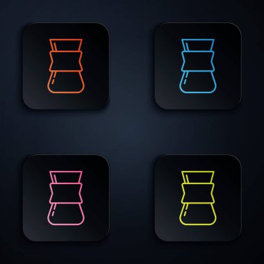 Renkli neon çizgisi. Türk kahve ikonu siyah arka planda izole edilmiş. Kare düğmelere simgeleri yerleştir. Vektör.