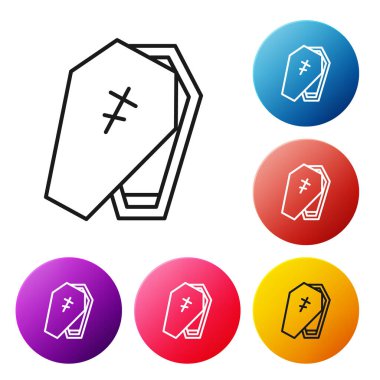 Beyaz arka planda izole edilmiş siyah çizgi tabut ve Hıristiyan haç simgesi. Mutlu Cadılar Bayramı Partisi. Renkli daire düğmelerini ayarlayın. Vektör.