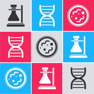 Test tüpünü standa, DNA sembolüne ve bakteri simgesine ayarla. Vektör.