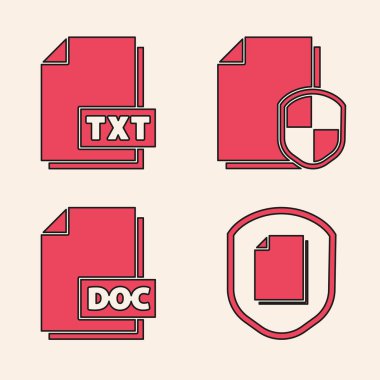 Belge koruma kavramını, TXT dosya belgesini, belge koruma kavramını ve DOC dosya simgesini ayarla. Vektör.