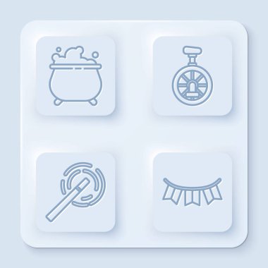 Cadı kazanı, tek tekerlekli bisiklet ya da tek tekerlekli bisiklet, sihirli değnek ve bayraklı karnaval çelengi. Beyaz kare düğme. Vektör.