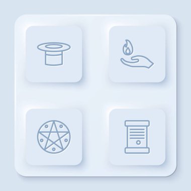 Sihirbaz şapkası, el tutuşması, pentagram dairesi ve kararname, kağıt, parşömen, parşömen. Beyaz kare düğme. Vektör.