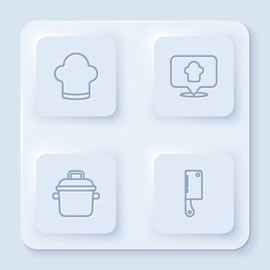 Şef şapkası, konumu, yemek pişirme kabı ve et doğrayıcısı. Beyaz kare düğme. Vektör.