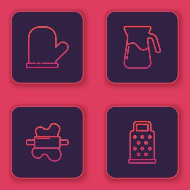 Fırın eldiveni, hamurda merdane iğnesi, suyla rendelenmiş sürahi bardak. Mavi kare düğme. Vektör.