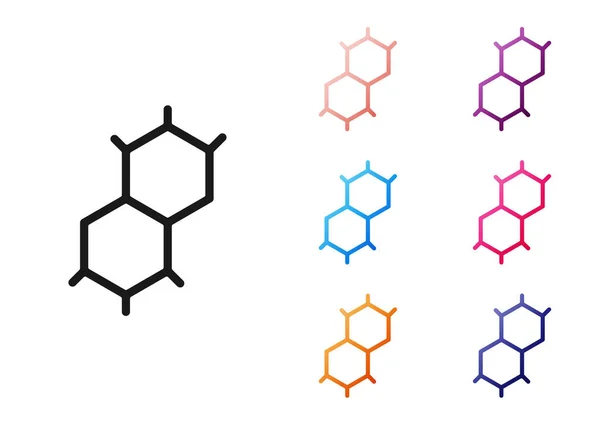 黑色化学配方图标孤立在白色背景 创新医学 研究和科学的六边形 设置彩色图标 — 图库矢量图片