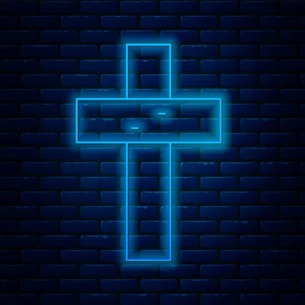 Светящаяся Неоновая Линия Христианского Креста Фоне Кирпичной Стены Церковный Крест — стоковый вектор