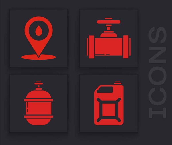 Set Canister for gasoline, Refill petrol fuel location, Industry metallic pipes and valve and Propane gas tank icon. Vector.