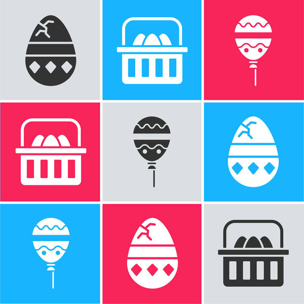 Разбитое яйцо, корзина с пасхальными яйцами и воздушные шары с иконкой ленты. Вектор.