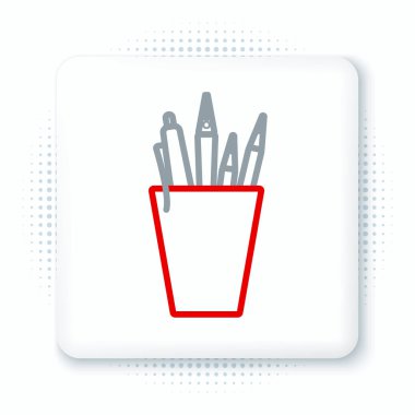 Beyaz arkaplanda satır kalem kutusu kırtasiyesi simgesi izole edildi. Kalem, kalem, cetvel. Renkli taslak konsepti. Vektör.