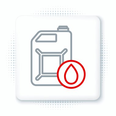 Beyaz arka planda izole edilmiş motor makine yağı ikonu için çizgi plastik kutu. Benzin bidonu. Yağ değiştirme ve onarım servisi. Renkli taslak konsepti. Vektör.