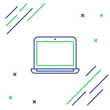 Dizüstü bilgisayar simgesi beyaz arkaplanda izole edildi. Boş ekran işaretli bilgisayar defteri. Renkli taslak konsepti. Vektör.