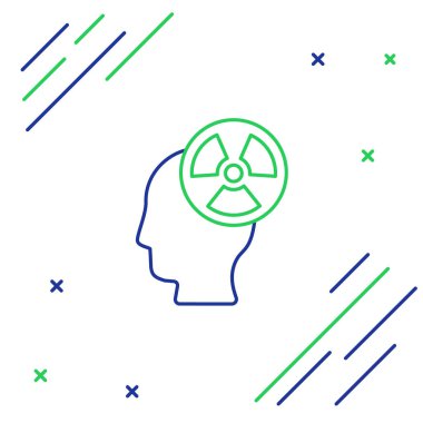 Bir insan kafası silueti ve beyaz arka planda izole edilmiş bir radyasyon sembolü. Renkli taslak konsepti. Vektör.