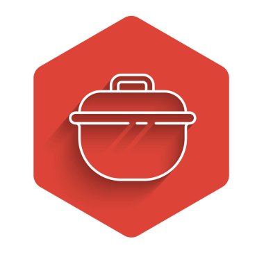 Beyaz çizgi tencere ikonu uzun gölgeli izole edilmiş. Haşlama ya da güveç besin sembolü. Kırmızı altıgen düğmesi. Vektör.