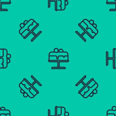 Tabak simgesindeki mavi çizgi pastası yeşil arkaplanda izole edilmiş pürüzsüz desen. Doğum günün kutlu olsun. Vektör.