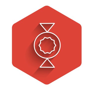 Şeker ikonu uzun gölgeli beyaz çizgi. Kırmızı altıgen düğmesi. Vektör.