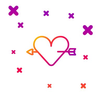 Beyaz zemin üzerinde kalp ve ok simgesi olan renk çizgisi Amour sembolü. Aşk işareti. Sevgililer Günü sembolü. Kademeli rastgele dinamik şekiller. Vektör.