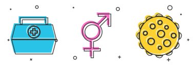 İlk yardım çantasını, cinsiyet ve virüs simgesini ayarla. Vektör.