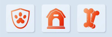 Set Köpek Evi, Hayvan Sağlık Sigortası ve Köpek Kemiği. Beyaz kare düğme. Vektör.