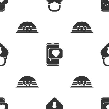 Castle 'ı kalp şeklinde ayarla, çevrimiçi flört uygulaması ve sohbet ve zarif kadın şapkası. Vektör.