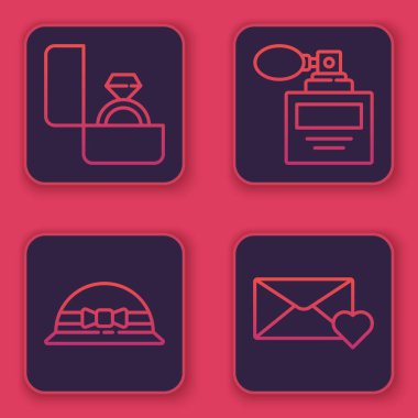 Elmas nişan yüzüğü, zarif kadın şapkası, Parfüm ve Zarfta 8 Mart. Mavi kare düğme. Vektör.