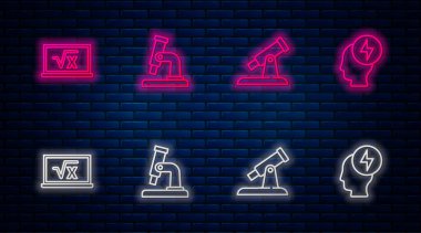 Mikroskop, Teleskop, x kabartmasının kare kökü, baş ve elektrik sembolü. Tuğla duvarda parlayan neon simgesi. Vektör.