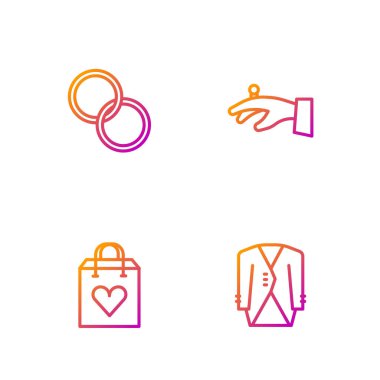 Takım elbise, kalpli alışveriş torbası, alyanslar. Renk simgeleri. Vektör.