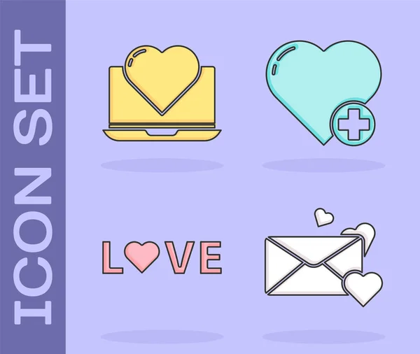 Set Enveloppe Avec Coeur Ordinateur Portable Avec Cœur Texte Amour — Image vectorielle