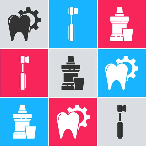 Set Tooth Treatment Procedure Toothbrush Mouthwash Plastic Bottle Icon Vector — Stock Vector