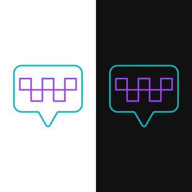 Beyaz ve siyah arkaplanda izole edilmiş taksi simgesi olan çizgi haritası işaretçisi. Konum sembolü. Renkli taslak konsepti. Vektör.