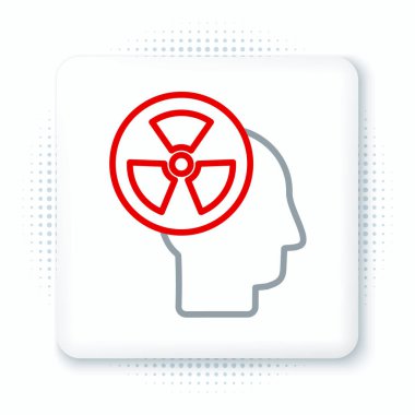 Bir insan kafası silueti ve beyaz arka planda izole edilmiş bir radyasyon sembolü. Renkli taslak konsepti. Vektör.