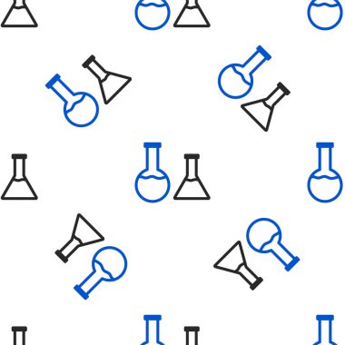 Çizgi Test tüpü ve matara simgesi beyaz arkaplanda izole edilmiş kusursuz desen. Kimyasal laboratuvar testi. Laboratuvar camları. Renkli taslak konsepti. Vektör.