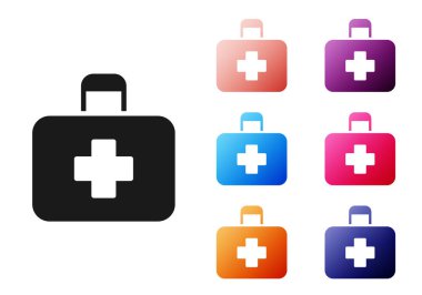 Siyah ilk yardım çantası simgesi beyaz arkaplanda izole edildi. Haçlı sağlık kutusu. Acil durumlar için tıbbi ekipman. Sağlık sigortası konsepti. Simgeleri renklendirin. Vektör İllüstrasyonu.