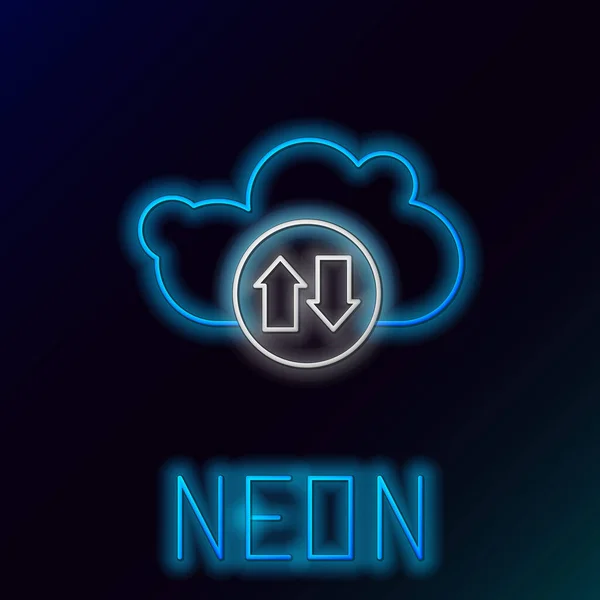 Ragyogó Neon Vonal Felhő Letöltés Feltöltés Ikon Elszigetelt Fekete Háttérrel — Stock Vector