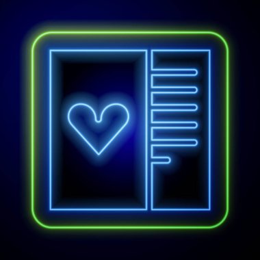 Mavi arka planda kalp ikonu olan parlak neon kartpostal. Mesaj aşkım. Aşk ve romantizm mektubu. Vektör.