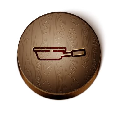Kahverengi çizgi kızartma tavası simgesi beyaz arkaplanda izole edildi. Kızartma veya kızartma gıda sembolü. Tahta daire düğmesi. Vektör.