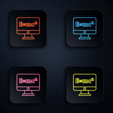 Bilgisayar monitörü simgesinde izole edilmiş renkli neon çizgi matematik denklem sistemi. E eşittir bilgisayar ekranında mc kare denklemi. Kare düğmelere simgeleri yerleştir. Vektör.