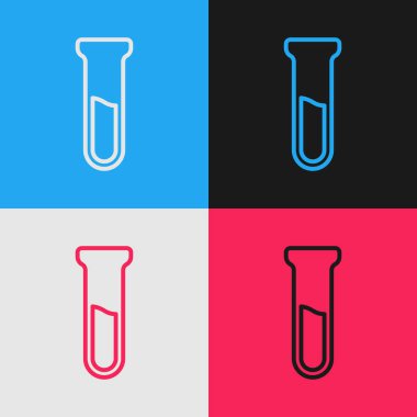 Pop sanat eseri test tüpü ve matara ikonu renk arkaplanında izole edilmiş. Kimyasal laboratuvar testi. Laboratuvar camları. Vektör.