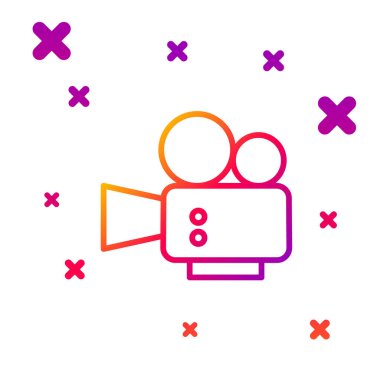 Renkli sinema kamerası simgesi beyaz arkaplanda izole edildi. Video kamera. Film tabelası. Film projektörü. Kademeli rastgele dinamik şekiller. Vektör.