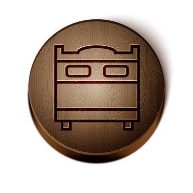 Kahverengi çizgi yatak odası simgesi beyaz arkaplanda izole edildi. Düğün, aşk, evlilik sembolü. Balayı koleksiyonundan yatak odası yaratıcı ikonu. Tahta daire düğmesi. Vektör.