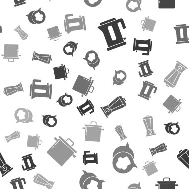 Elektrikli çaydanlık, konuşma balonunda aşçı şapkası, blender ve pişirme kabını pürüzsüz kalıba sokun. Vektör.