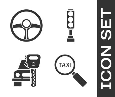 Büyüteç, taksi, direksiyon, araba kiralama ve trafik ışığı ikonu ayarlayın. Vektör.