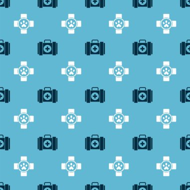 Evcil hayvan ilk yardım çantasını ve veterinerlik kliniğinin sembolünü pürüzsüz bir kalıba göre ayarla. Vektör.