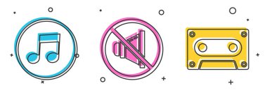 Müzik notası, ton, hoparlör sesi ve Retro ses kaset ikonu ayarla. Vektör.