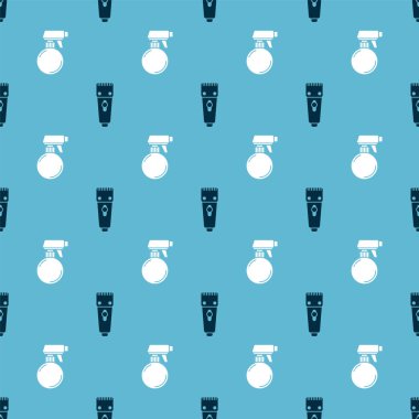 Elektrikli saç makasıyla tıraş makinesini ve kuaför tabancasının sprey şişesini kusursuz desene ayarlayın. Vektör.