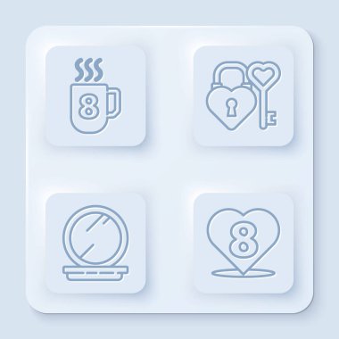 8 Mart 'ta kahve fincanı, kalp şeklinde Castle ve anahtar ayna ile makyaj tozu ve 8 Mart' ta da Heart 'ı hazırlayın. Beyaz kare düğme. Vektör.