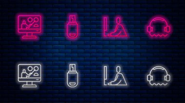 USB flash diski ayarla, laptop 'da çalışan öğrenci, online eğitim ve kulaklıklar. Tuğla duvarda parlayan neon simgesi. Vektör.