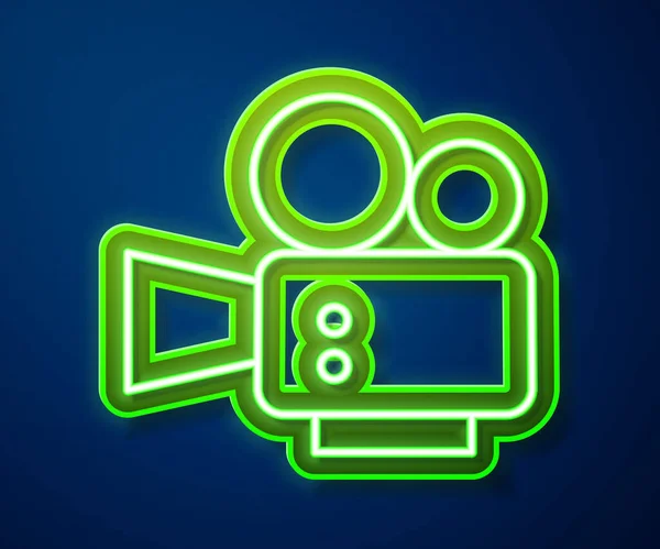 Glowing Neon Line Cinema Camera Icon Isolated Blue Background Video — Stock Vector